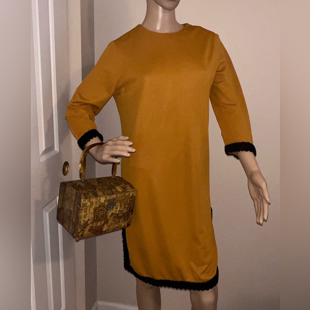 Stunning Vintage Mustard Yellow mod dress with side slits and black trim